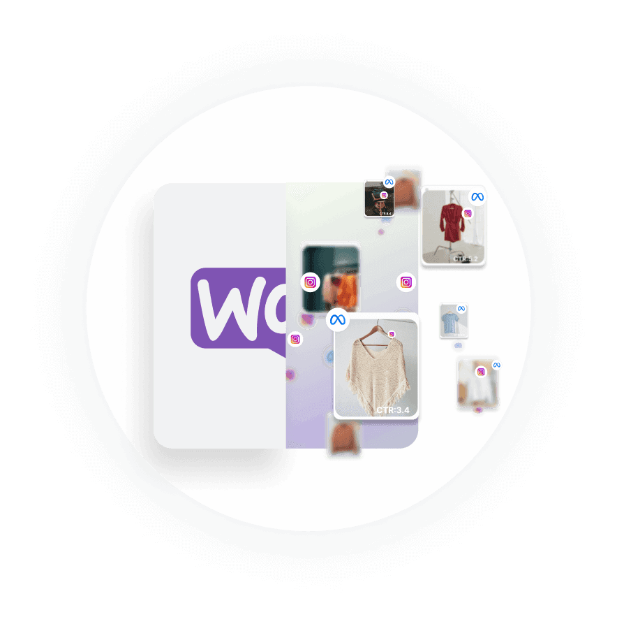 Woocommerce logo surrounded by clothing items, symbolizing seamless AI Ads launch on Facebook, TikTok, and Google Ads.