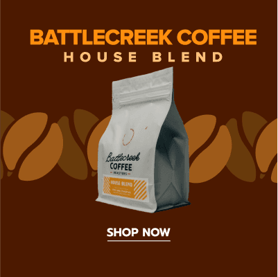 A brown background with a coffee bean package and Shop Now in gold at the bottom, presented in a classic, minimalist Instagram ad template for product sales and catalog editing.