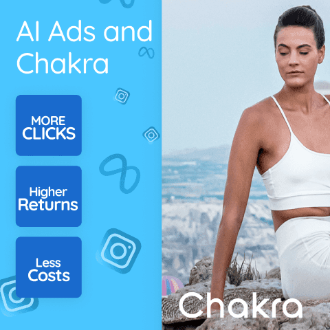 A serene scene with a woman meditating against a backdrop of mountains, symbolizing calm and balance. On the left, a blue banner highlights AI-powered Facebook ads with the phrases 'More Clicks,' 'Higher Returns,' and 'Less Costs.' Subtle Instagram icons add a modern touch, representing a harmonious blend of technology and tranquility. The words 'AI Ads and Chakra' and the Chakra logo emphasize the fusion of advanced advertising solutions with inner peace.