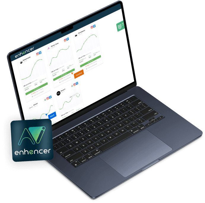  A laptop displaying the Enhencer platform dashboard with performance graphs and campaign data, showing growth trends for various brands. The Enhencer logo is placed in front of the device.