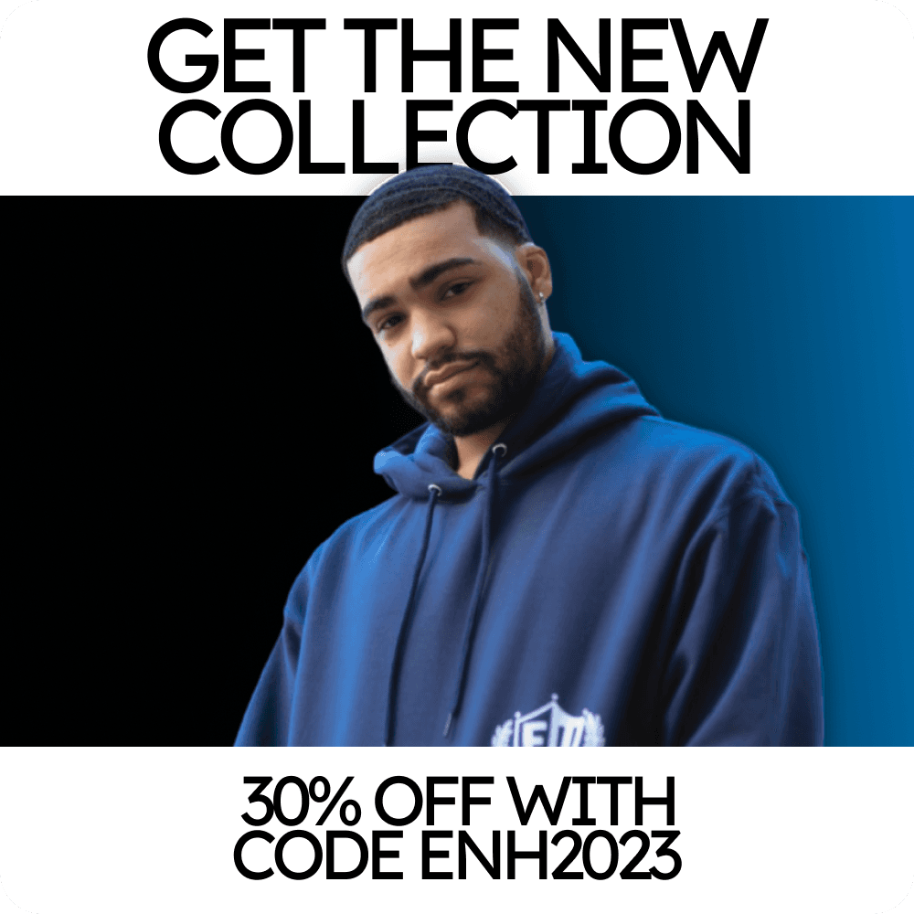 A design for a new collection featuring a Black man wearing a navy hoodie. The ad includes a discount code optimized for Black Friday using AI technology. This Facebook ad creative aims to attract attention and drive sales.