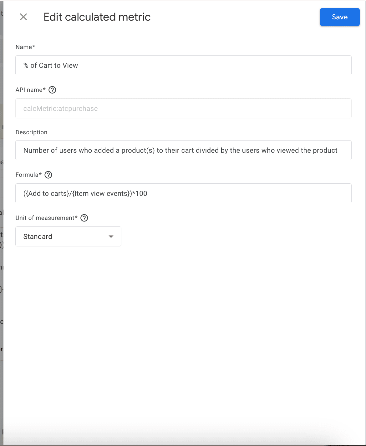 Editing a calculated metric in Google Analytics 4. The screenshot shows the form fields for editing the name, API name, description, formula, and unit of measurement for the existing metric.