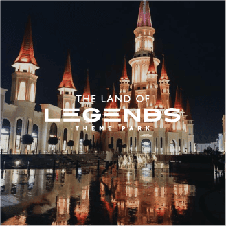 Nighttime theme park scene with illuminated castles and the THE LAND OF LEGENDS logo, featuring a vibrant AI-enhanced ad template designed for magical engagement on Facebook stories and Google ad placements.
