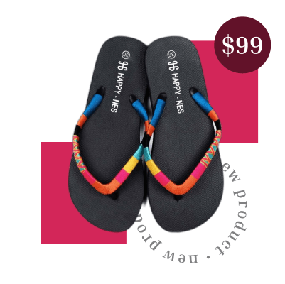 Colorful flip-flops priced at $99, featuring a black sole and vibrant, multicolored straps, displayed on an e-commerce product advertising template representing AI creatives catalog editor