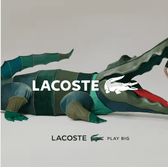 Vibrant image of a green Lacoste crocodile toy with LACOSTE PLAY BIG text and the Lacoste logo, highlighting a playful, AI-optimized product ad template designed for engaging campaigns on Facebook stories, Instagram reels, and Google ads.