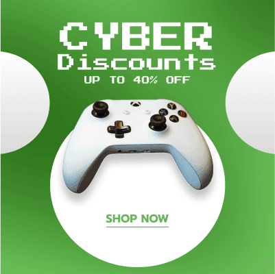 A gaming console on a green background with the text Cyber Discounts, designed as a simple, promotional AI creative template for an Instagram product post or story.