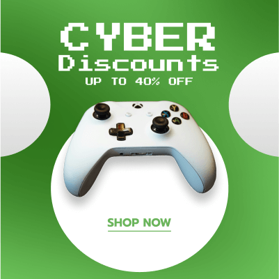 A gaming console on a green background with the text Cyber Discounts, designed as a simple, promotional AI creative template for an Instagram product post or story.