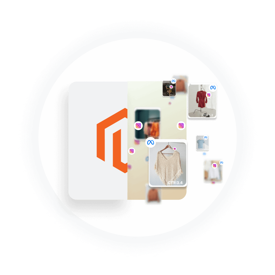 Magento logo surrounded by clothing items, symbolizing seamless AI Ads launch on Facebook, TikTok, and Google Ads.