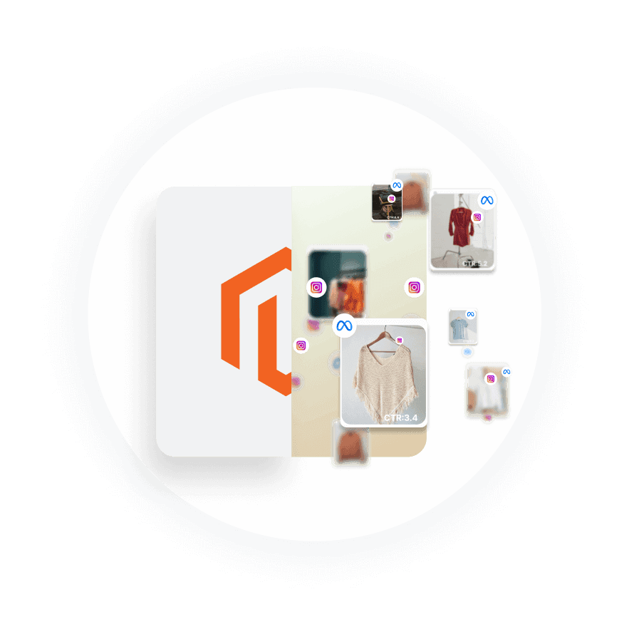 Magento logo surrounded by clothing items, symbolizing seamless AI Ads launch on Facebook, TikTok, and Google Ads.