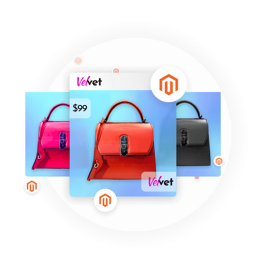 Magento catalog displaying bag models, symbolizing instant transformation into winning ads.