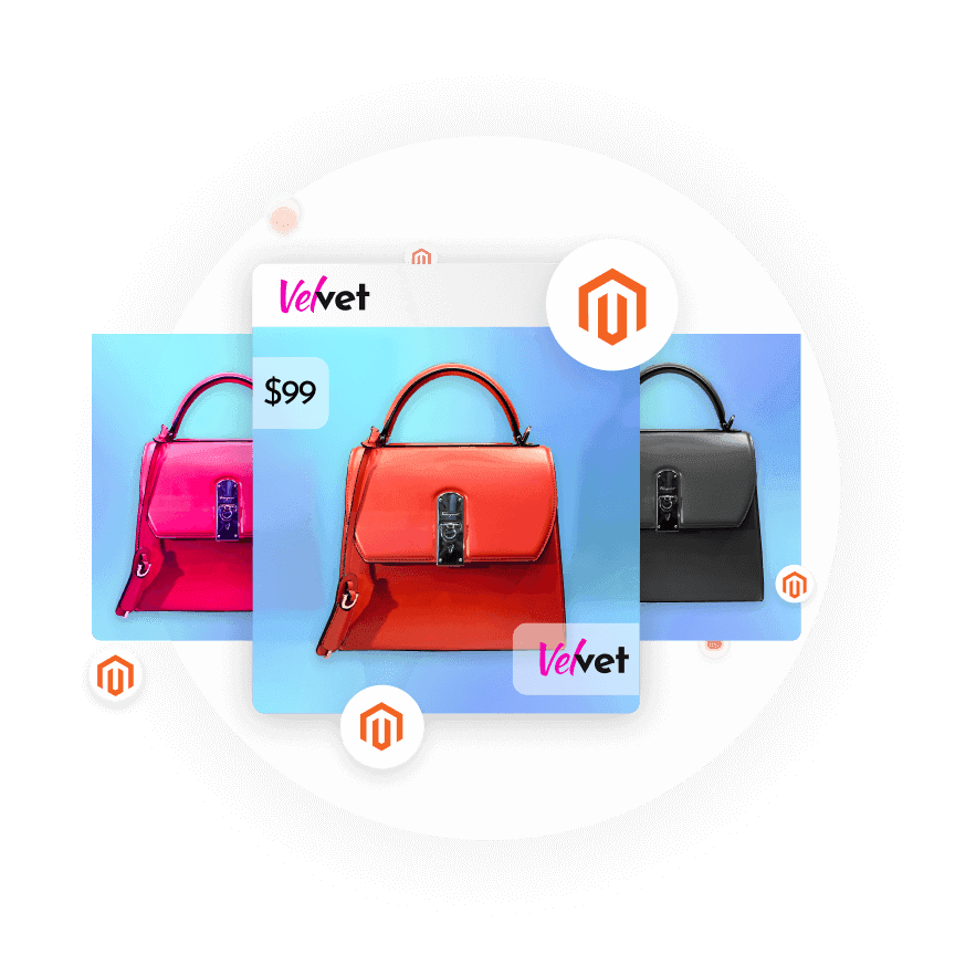 Magento catalog displaying bag models, symbolizing instant transformation into winning ads.