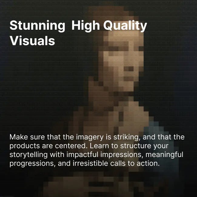 Pixelated representation of the Mona Lisa with the text 'Stunning High Quality Visuals'. This image represents the importance of using high quality visuals for higher CTR for Meta Ads in e-commerce.