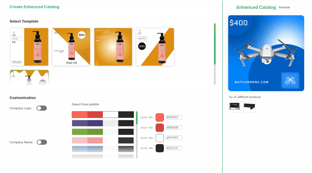 AI Creatives interface showing template selection and customization options