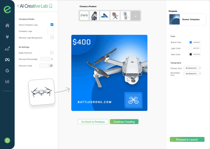 AI Creatives interface showing template selection and customization options