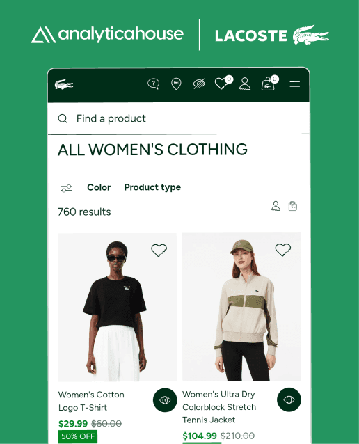 Online store for buying simple Lacoste t-shirts and tennis products, featuring Lacoste green, Lacoste logo, and a model wearing Lacoste products.