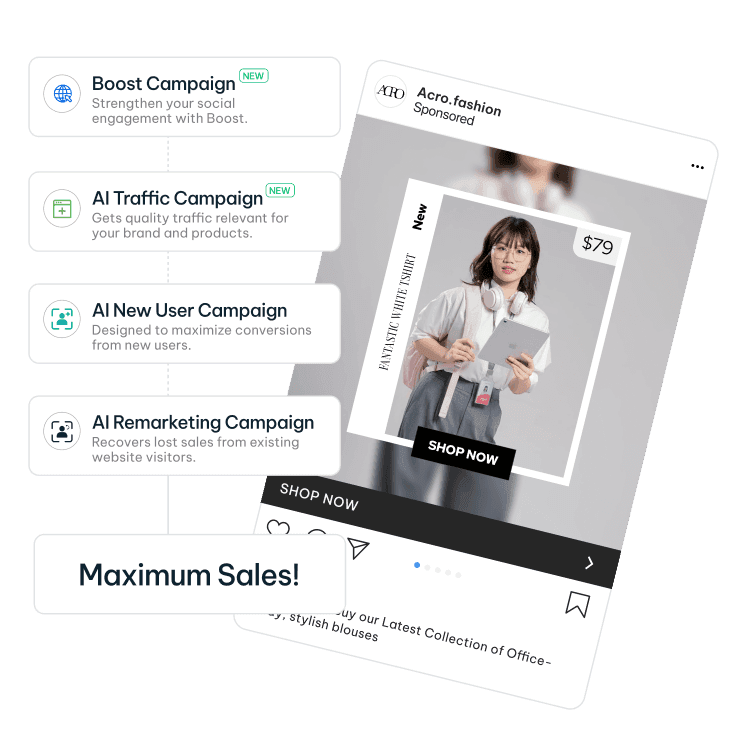 Sponsored sale on Instagram for a fashion brand, leveraging AI Traffic Campaign, AI New User Campaign, and AI Remarketing Campaign to boost sales.