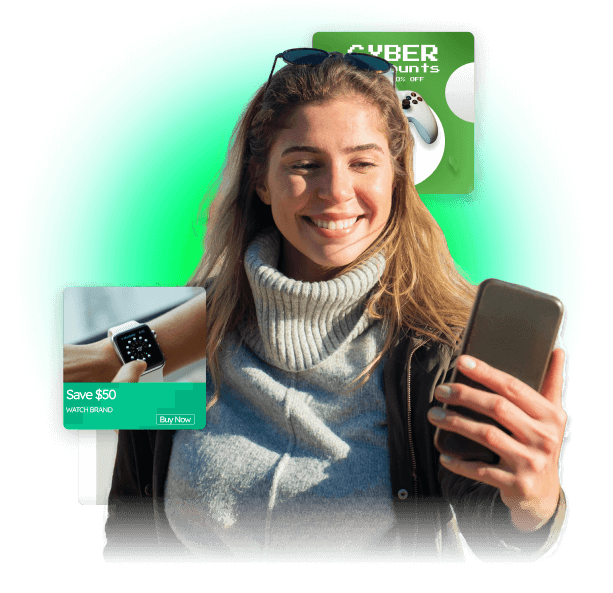 Blonde woman in a turtleneck sweater viewing a Cyber Monday tech e-commerce discount for a smartwatch on her smartphone.