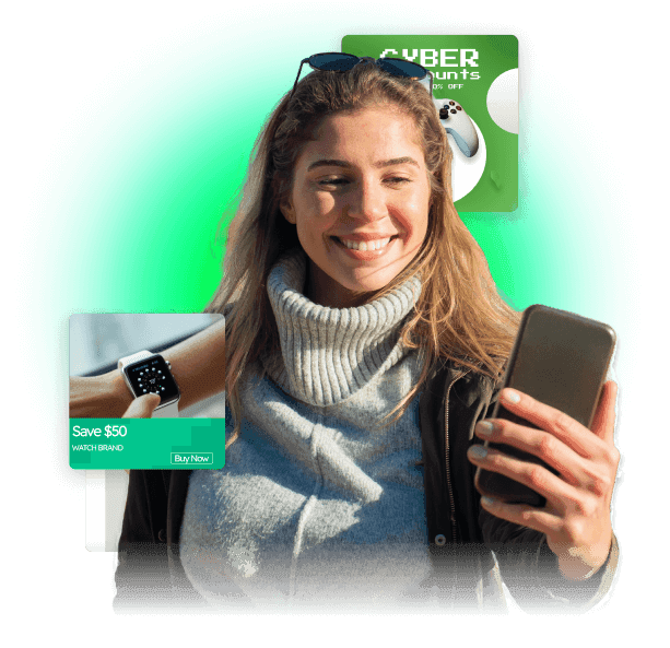 Blonde woman in a turtleneck sweater viewing a Cyber Monday tech e-commerce discount for a smartwatch on her smartphone.