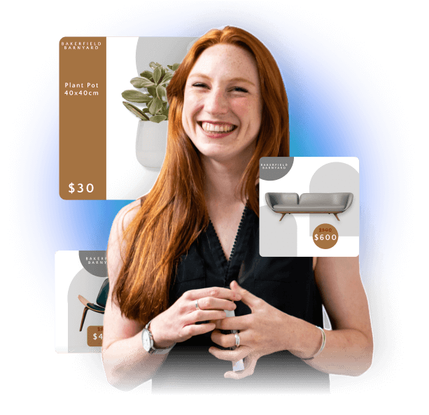 Customer with ginger hair surrounded by specially designed, ready-to-use modern minimalist ad creatives for home decor and furniture.