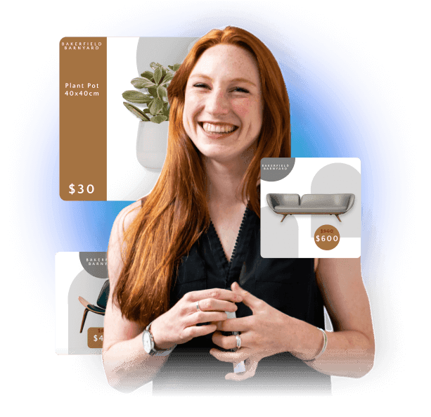 Customer with ginger hair surrounded by specially designed, ready-to-use modern minimalist ad creatives for home decor and furniture.