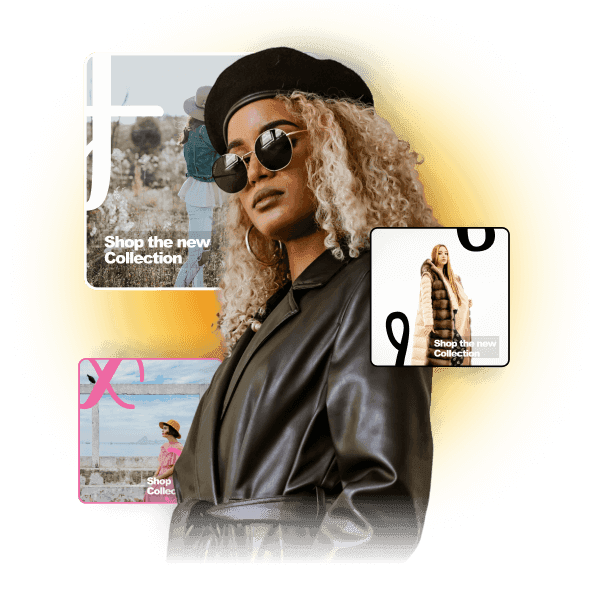 Cool fashion model with blonde dyed curly hair, wearing sunglasses and a leather jacket, representing AI-made ad creatives for apparel e-commerce and Shopify fashion stores.