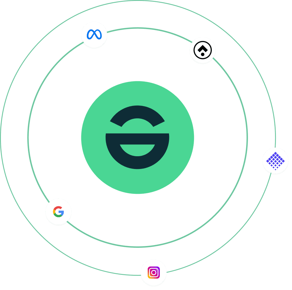 Enhencer AI Ads logo surrounded by logos of Meta, Google, Instagram, Pagefly, and Nestscale, representing partnerships that offer suitable services for e-commerce and Shopify.