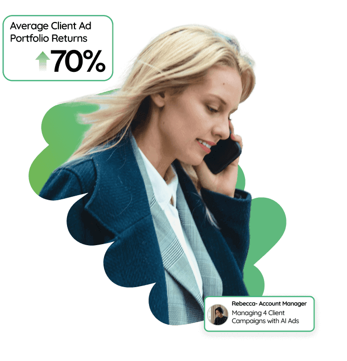 A professional-looking blonde businesswoman talking on the phone with an account manager who easily manages four different clients using AI Ads.