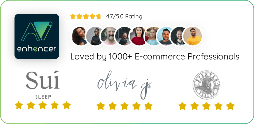 Five-star reviews from Sui Sleep, Olivia J, and Spartan Health, indicating that Enhencer AI Ads has satisfied over 1,000 Shopify and e-commerce clients.