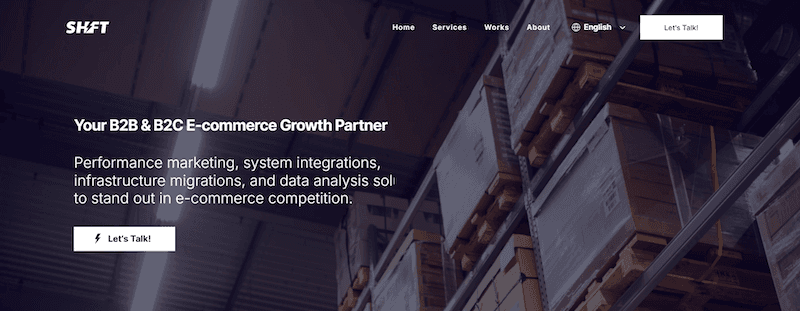 Homepage screenshot of Shift Digital performance marketing agency website where you can see services, partners etc. 