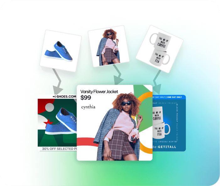  Images of blue fabric shoes, a winter jacket, a skirt, and a mug with writing, showcasing before and after versions of these Shopify products as AI creatives.