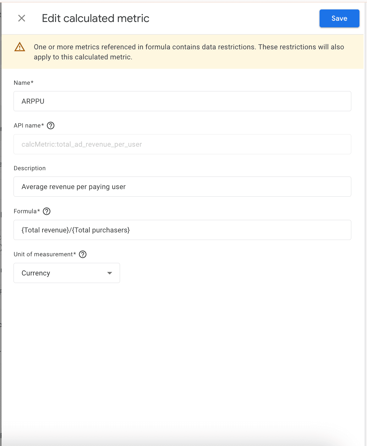 Editing a calculated metric in Google Analytics 4. The screenshot shows the form fields for editing the name, API name, description, formula, and unit of measurement for the existing metric.