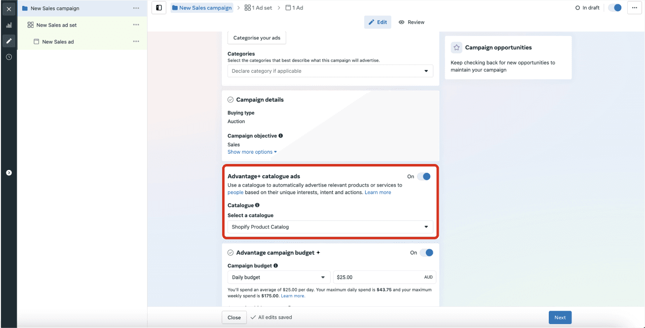 A screenshot of a Facebook Ads campaign creation interface. The user is currently editing a new sales campaign