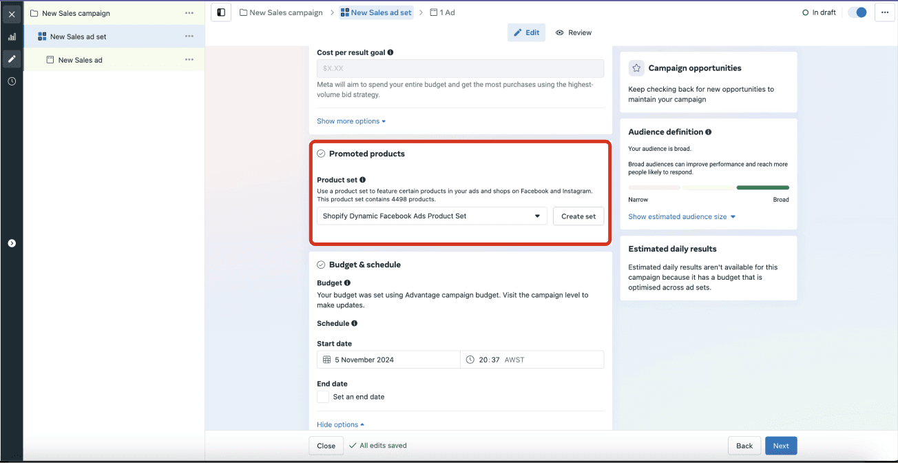 The screenshot shows a Facebook Ads campaign creation interface where a user is editing a new sales ad with a cost-per-result objective, promoting products from a Shopify Dynamic Facebook Ads Product Set to a broad audience