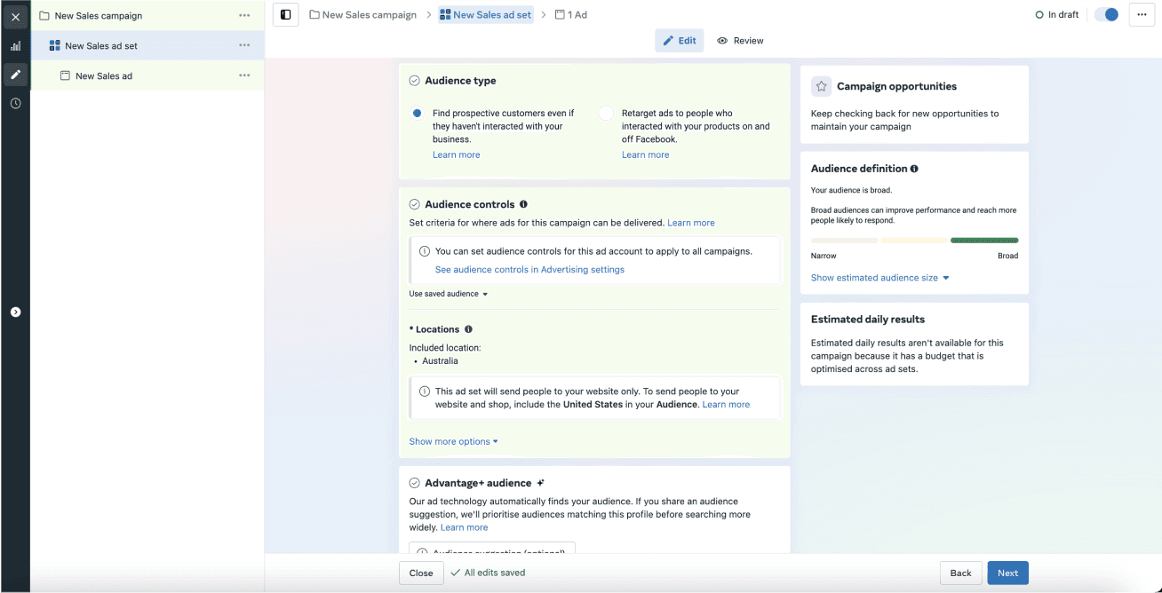 screenshot showing a Facebook Ads campaign creation interface where a user is editing a new sales ad targeting a broad audience, using advanced audience targeting to find potential customers who haven't interacted with the business yet