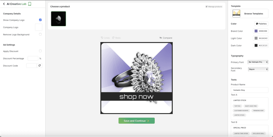New AI Creative Platform where you can choose products and create ads for Shopify stores