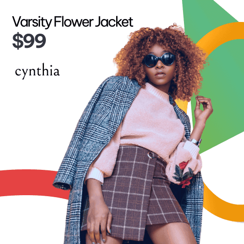 A woman with curly hair wearing stylish glasses and a chic jacket stands against a colorful background. This item is featured in a Shopify-based e-commerce store, promoted through Facebook Ads and Google Ads as part of a Black Friday sales campaign. The promotion highlights exclusive discounts, AI-driven product catalogs, and AI creatives for an optimized shopping experience.