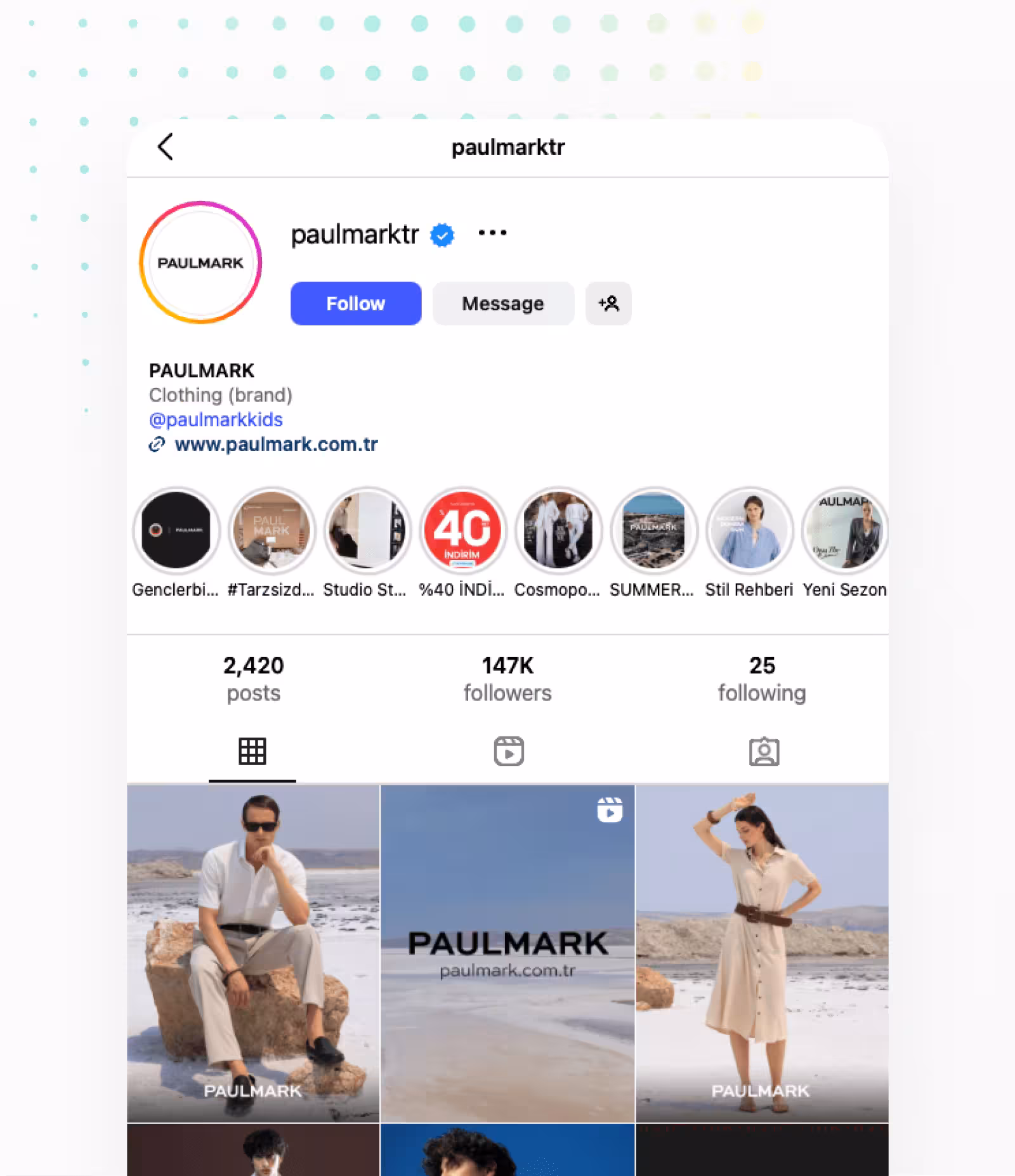 A preview of paulmark.com.tr mobile website on an iPhone screen; featuring the Paulmark logo, product images, and a female model in a gray sweater on a red showcase background, with a small chart showing Meta ROAS remarketing performance improvement.