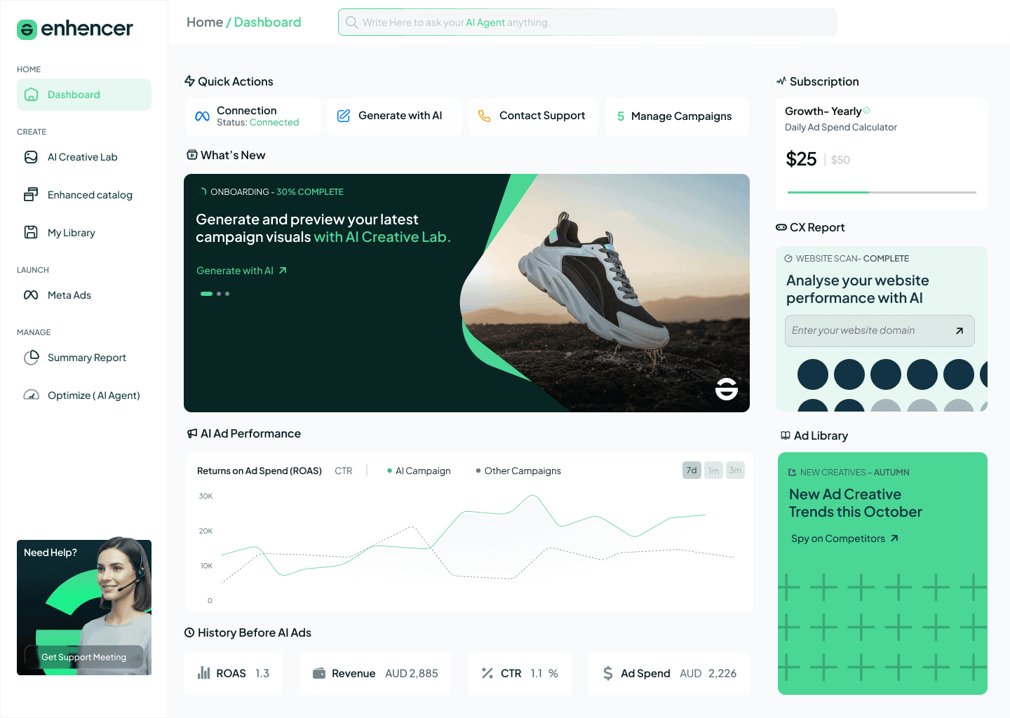Enhencer AI Ads Dashboard - Manage Meta, Google and TikTok campaigns with AI optimization