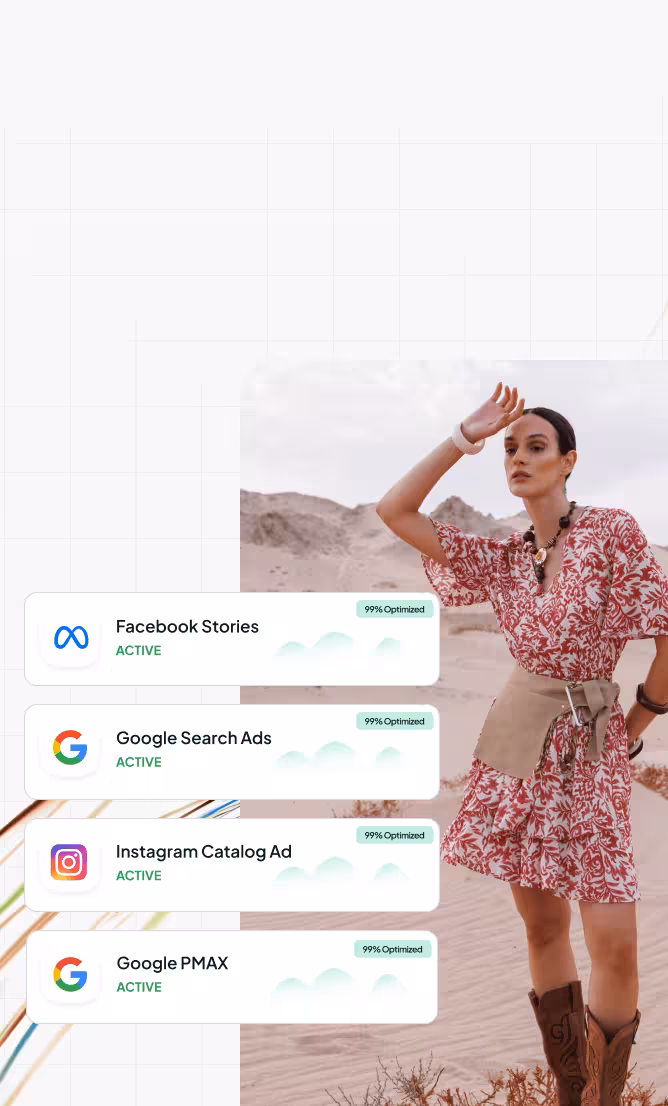 Campaign cards: Facebook Stories, Google Search Ads, Instagram Catalog Ad, Google PMAX