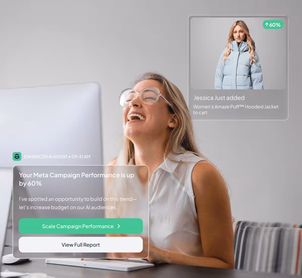 Enhencer AI Agent notification — your Meta campaign performance is up 60%