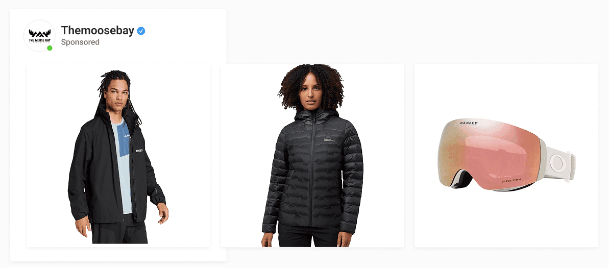 Themoosebay outdoor apparel brand running standard plain white background Facebook catalog ads