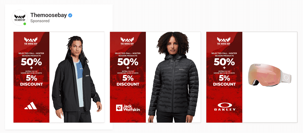 Themoosebay scaling sales with Enhencer AI branded catalog ads featuring automated 50 percent discount tags