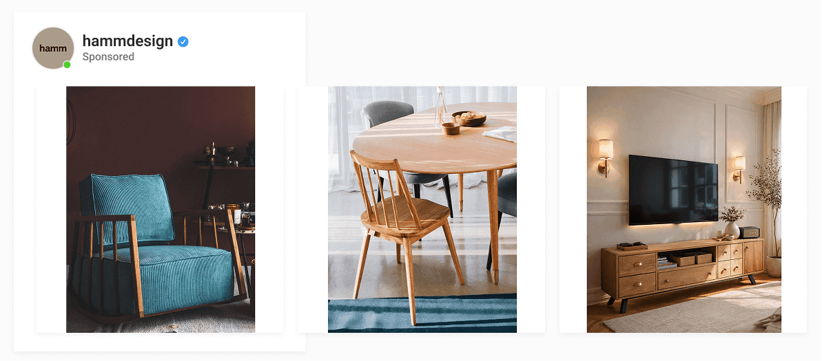 Hammdesign furniture brand showing basic product-only catalog images for social media advertising