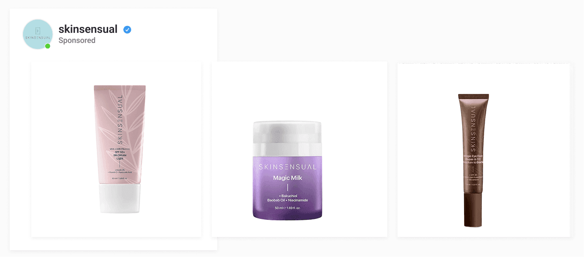 Skinsensual beauty brand displaying generic product catalog ads without promotional branding or style