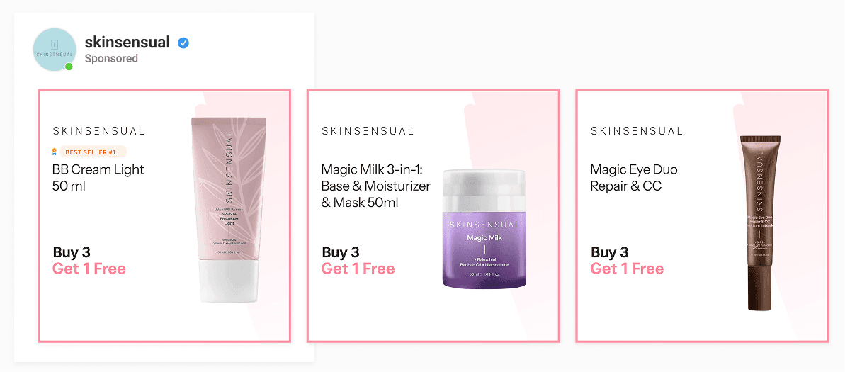 Skinsensual cosmetics brand increasing engagement with Enhencer AI branded templates and buy 3 get 1 free offers