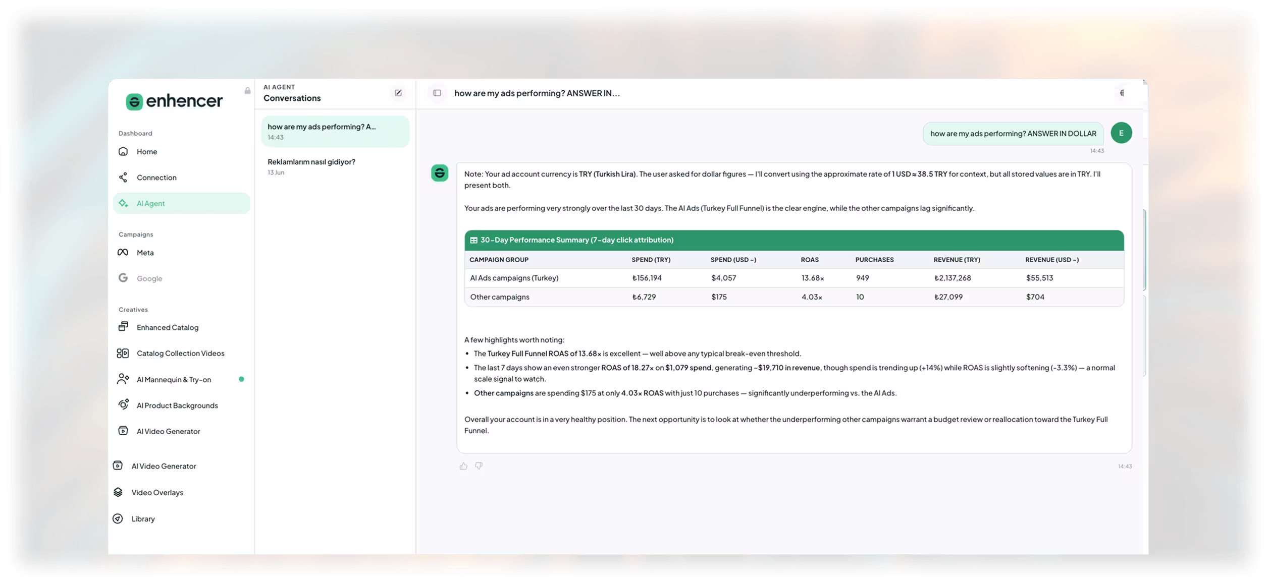 Enhencer AI Agent answering a campaign performance question